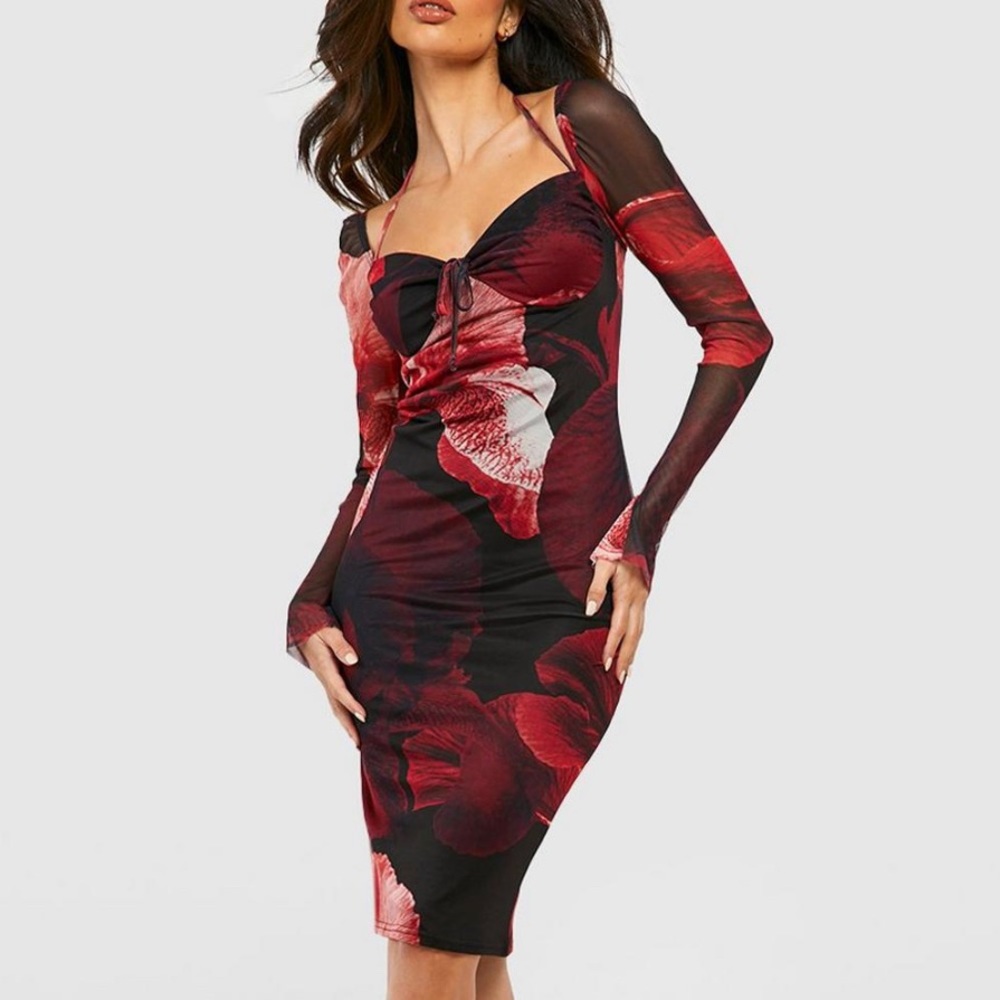 Abstract Floral Print Mesh Midi Dress BOOHOO